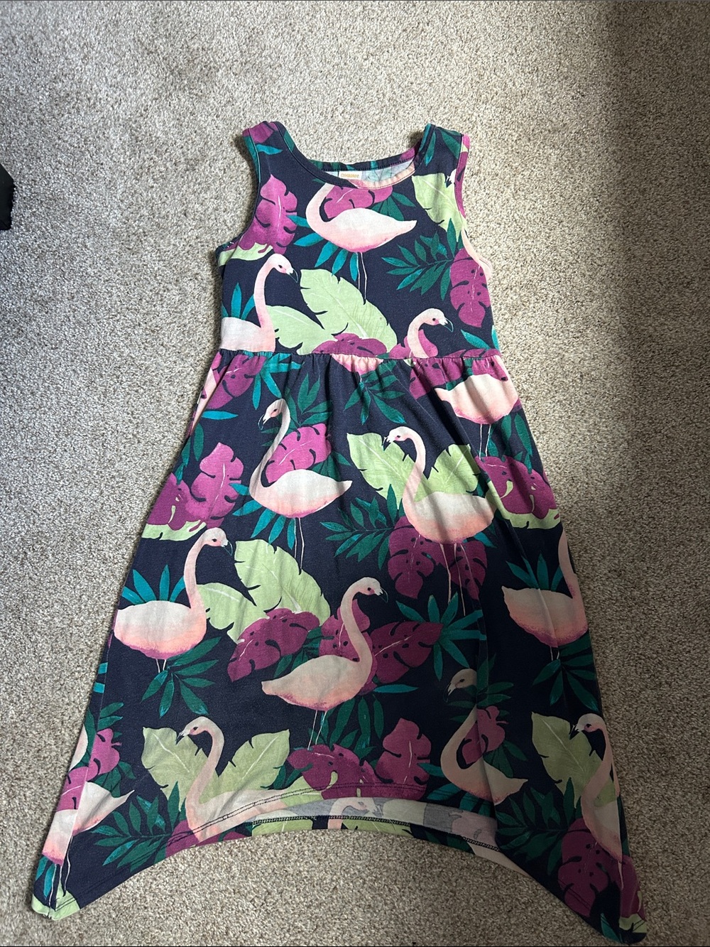 Gymboree Navy Dress with Pink Flamingo and Teal Leaves